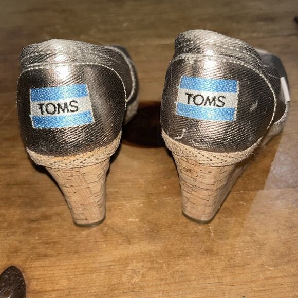 Toms Cork Open Toe Wedge Espadrille Sandals Silver Size 6.5 - Picture 5 of 8